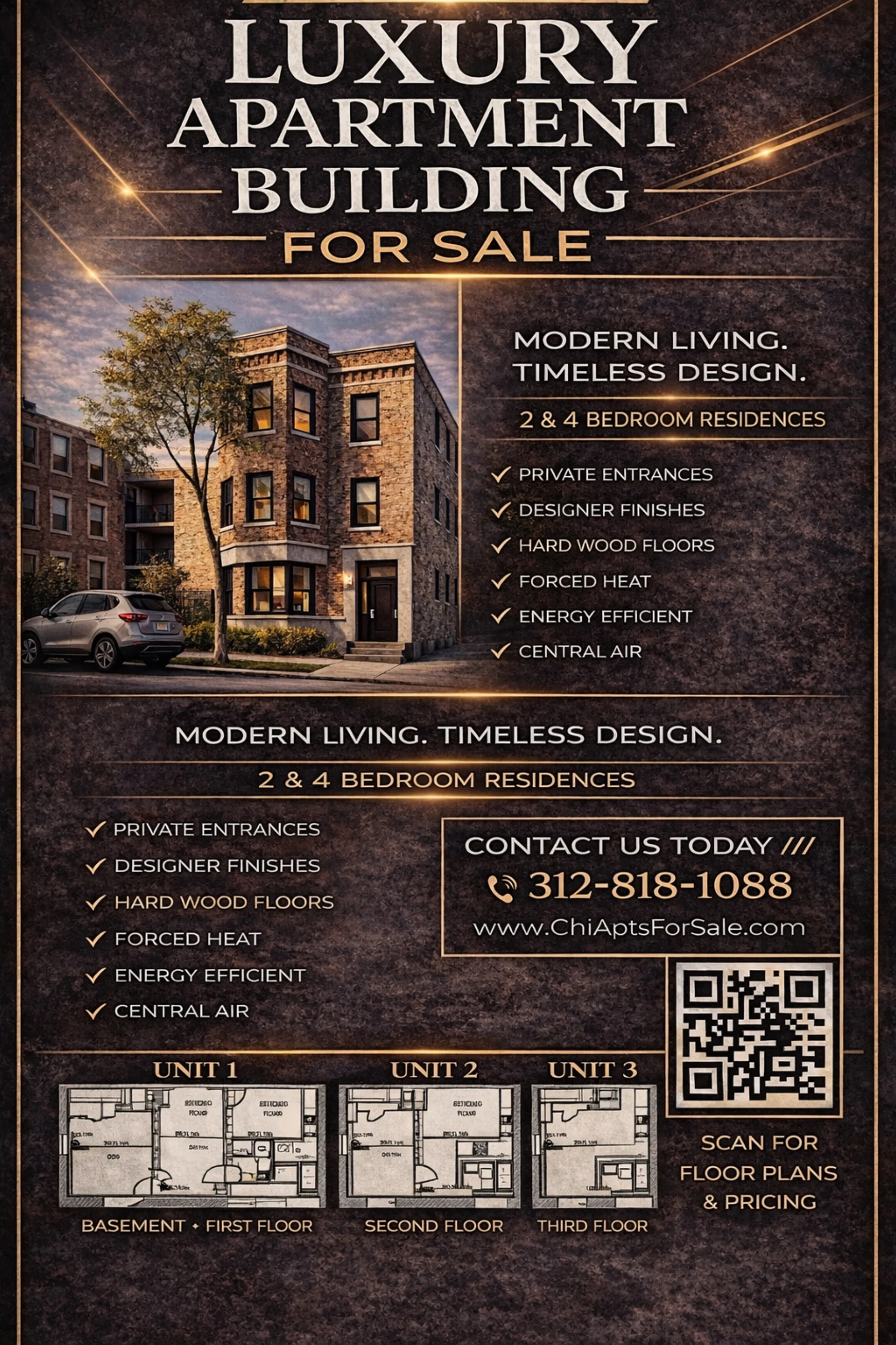 Supplied marketing brochure with an architectural rendering, property features, three floor-plan diagrams, and contact information